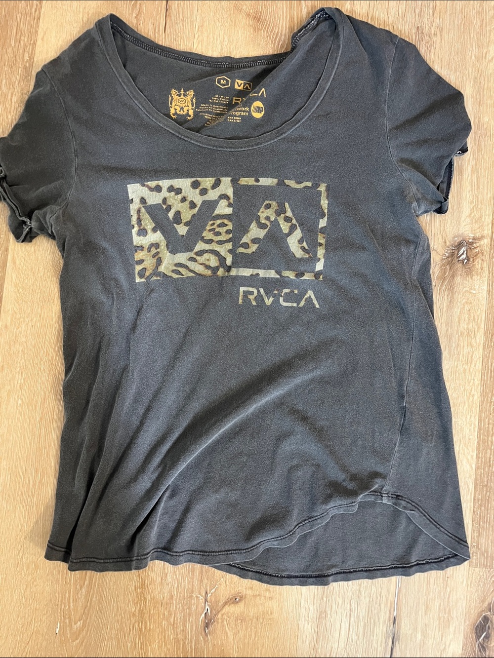 RVCA Black Short Sleeve Tee with Olive Leopard Logo